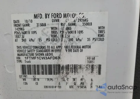 2010 Ford F150 из США, поврежденный, VIN 1FTMF1CW3AFD63025